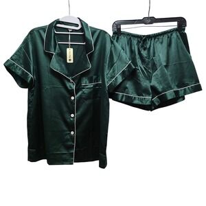 WJing Yi Jia Womens Emerald Green Satin Pajama Set Short Sleeve Shorts Large NWT